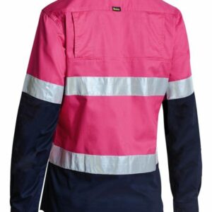 Bisley Womens Taped Hivis Cool Lightweight Drill Shirt - Pink/Navy