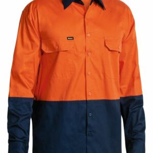 Bisley 2 Tone Hi Vis Cool Ventilated Drill Shirt Long Sleeve Orange/Navy